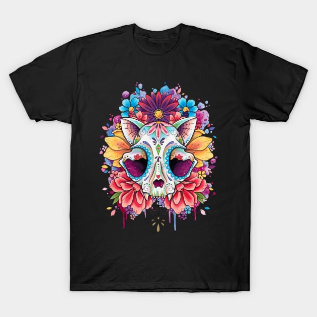 Floral Candy Cat Skull Design by Lorna Laine T-Shirt by Lorna Laine